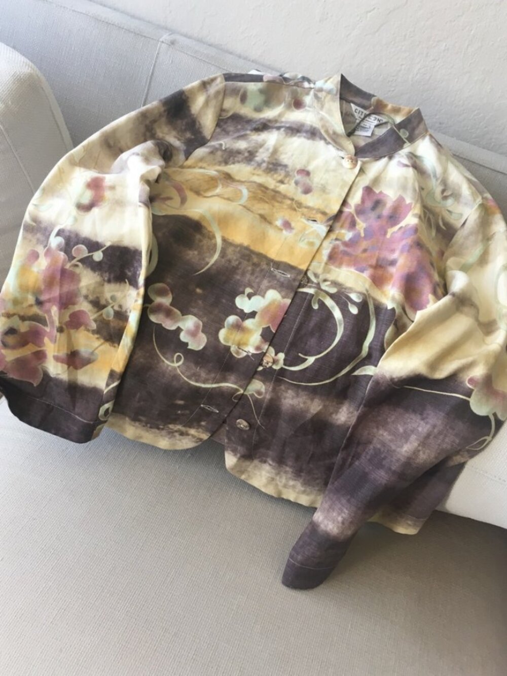 Citron Silk/Linen Jacket, Lightweight, Fall Pastels, Long Sleeve, Shell Buttons